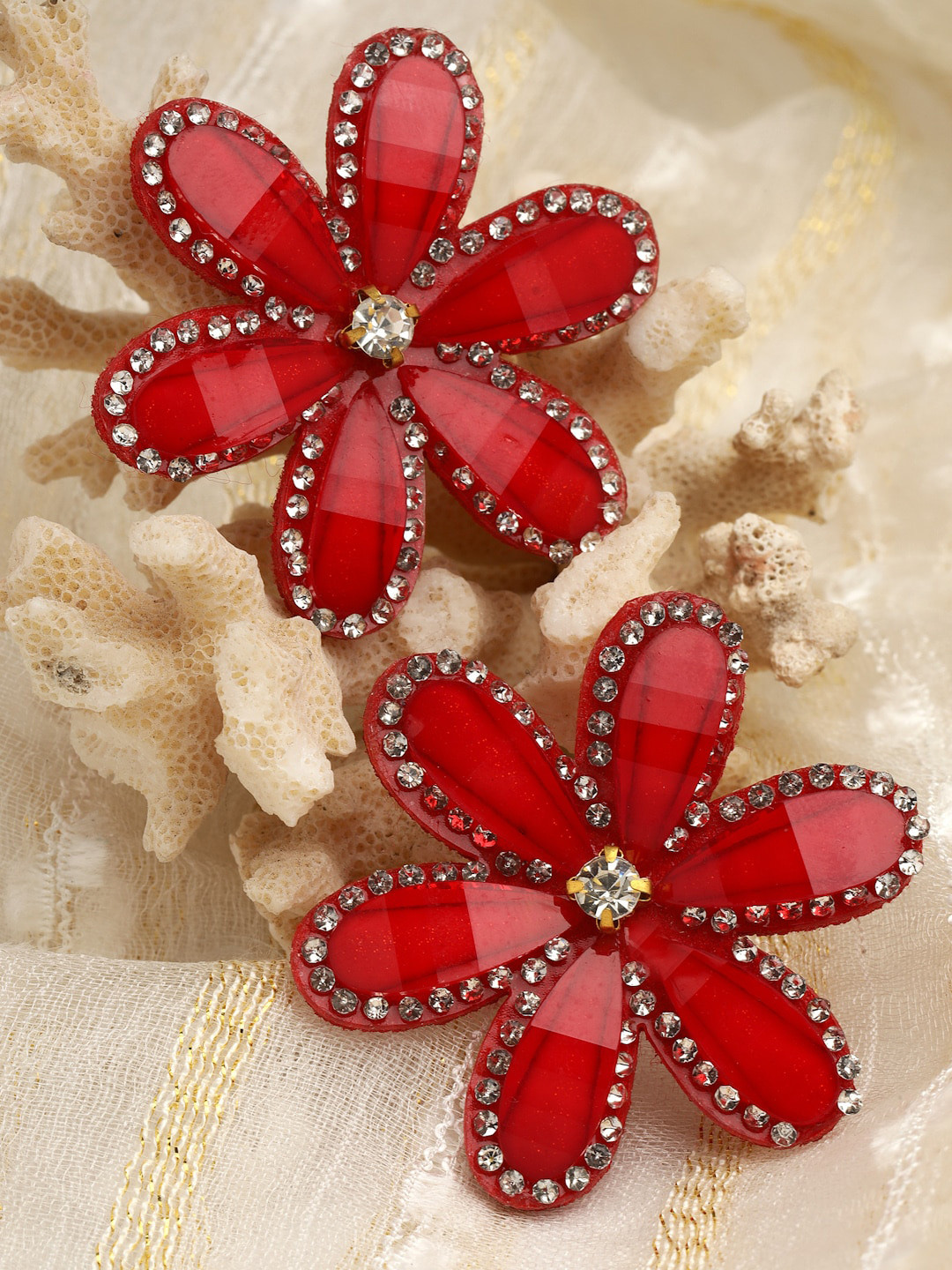 

Moedbuille Gold-Plated Floral Design Crystals Studded Handcrafted Studs Earrings, Red