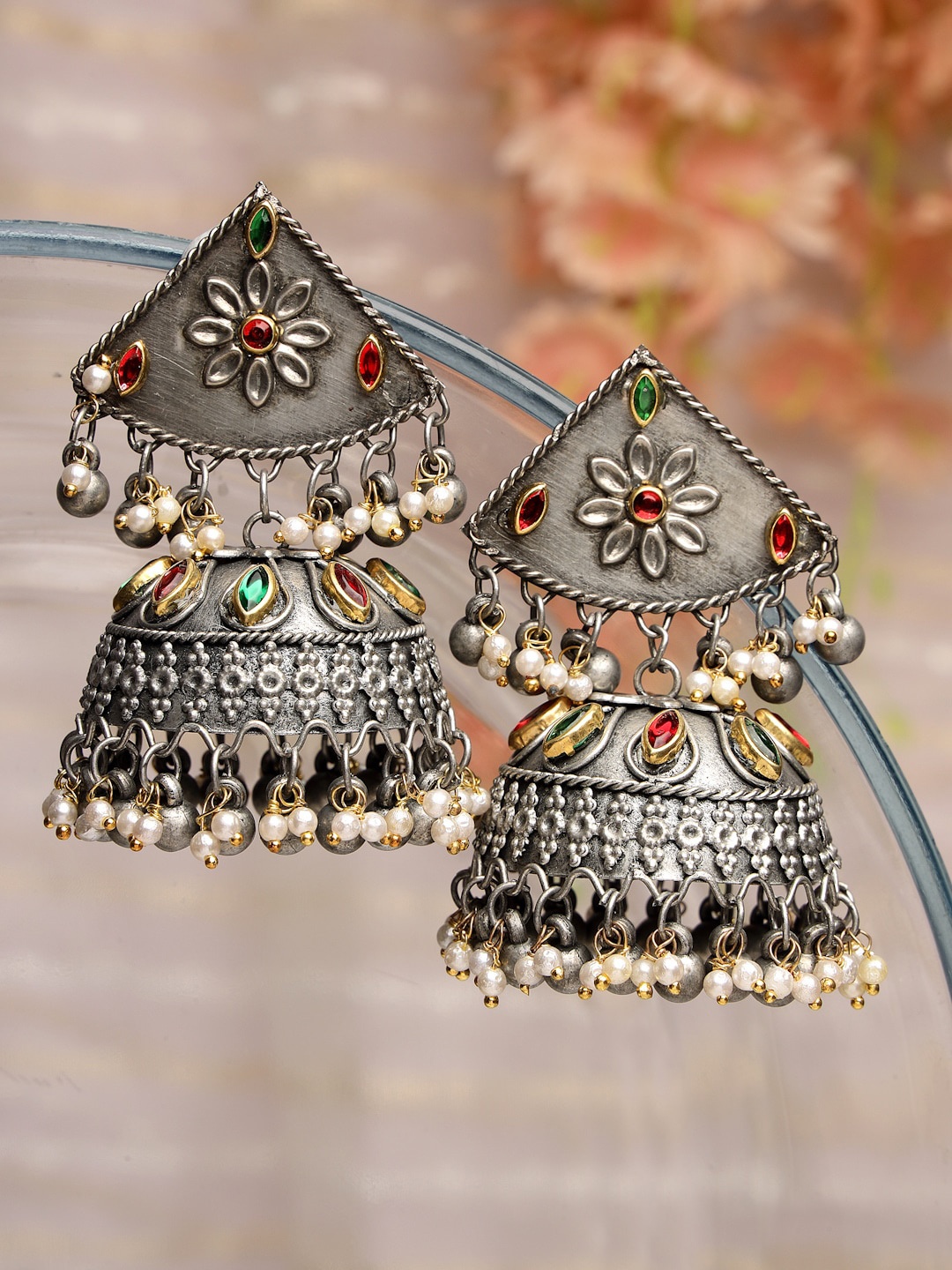 

Moedbuille Silver-Plated Dome Shaped Jhumkas Earrings