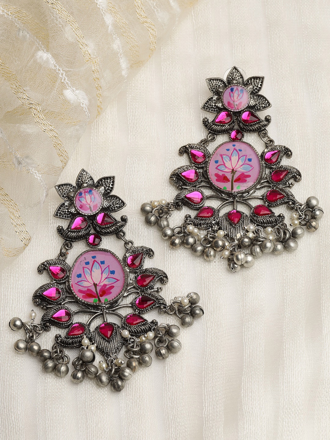 

Moedbuille Silver-Plated Floral Crystals Studded Oxidised Chandbalis Earring, Pink