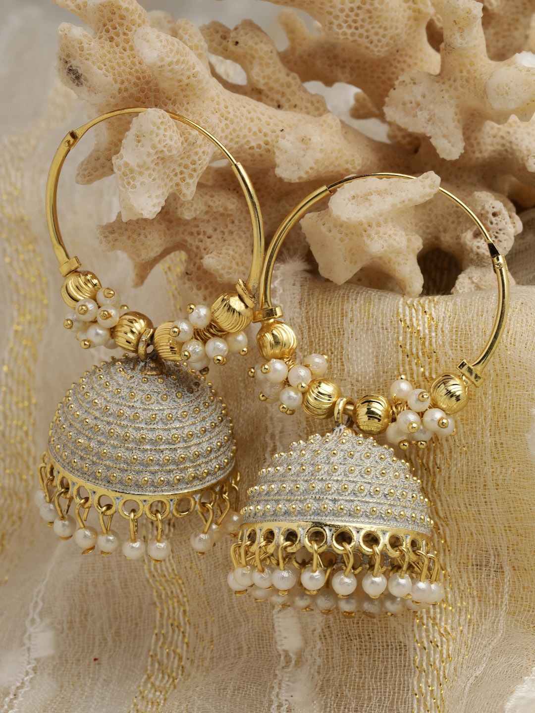 

Moedbuille Gold Plated Meenakari Dome Shaped Stone Beaded Hoop Earrings, Grey