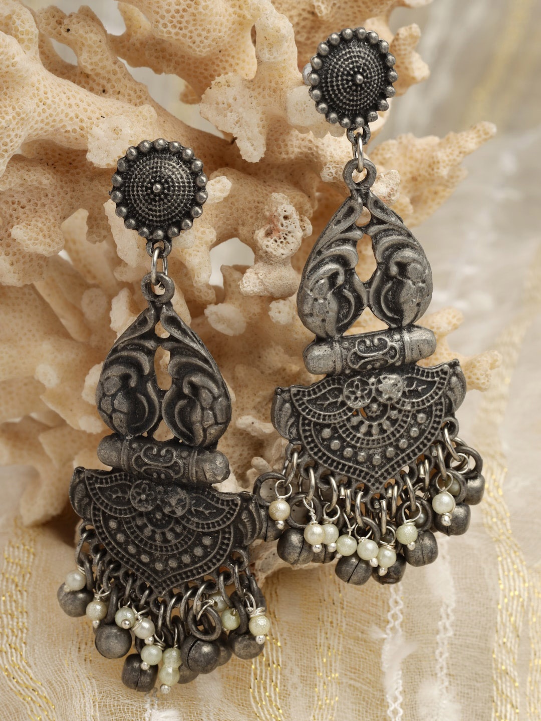

Moedbuille Oxidised Silver-Plated Peacock Shaped Drop Earrings, White