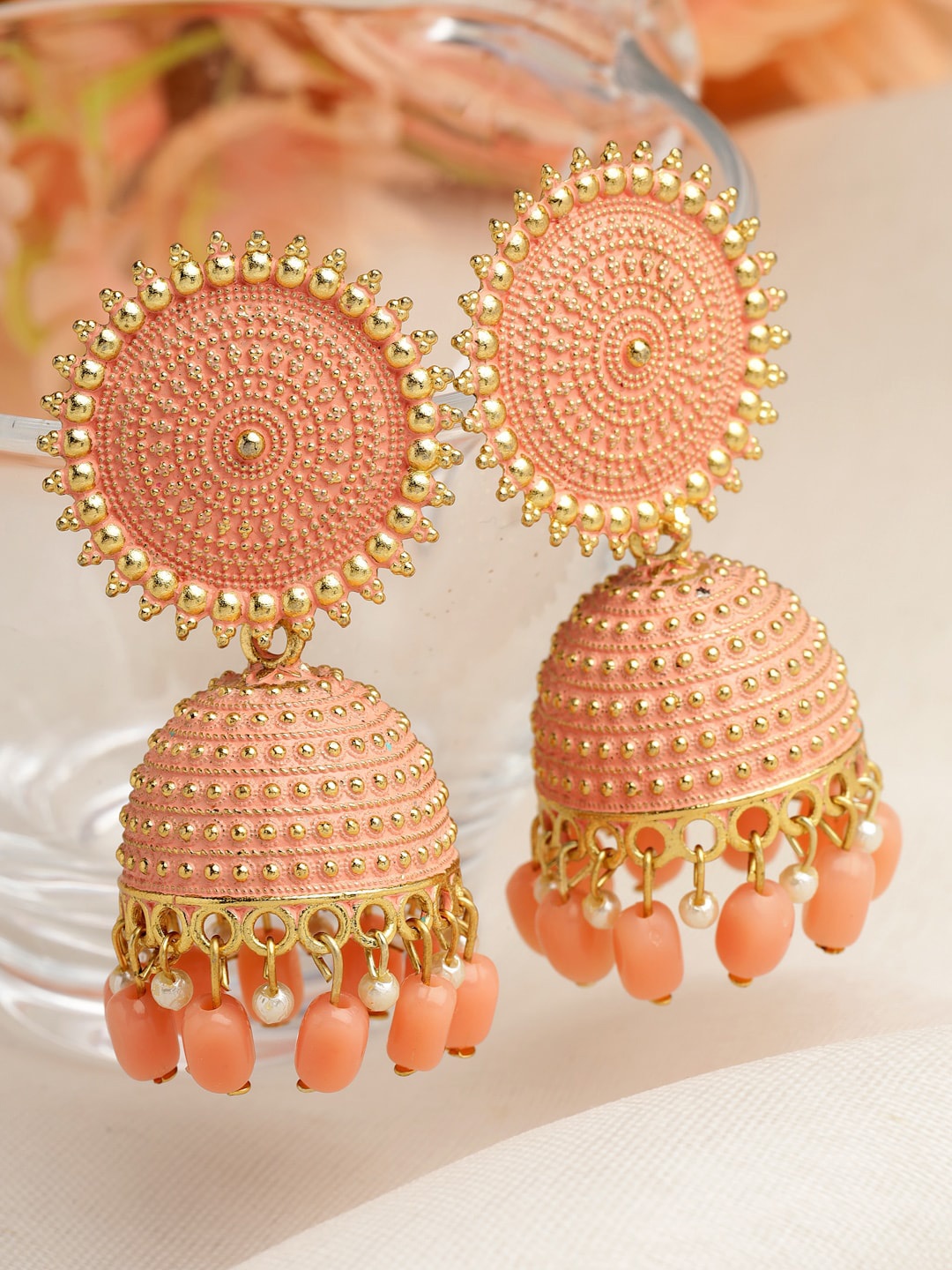 

Moedbuille Gold-Plated Dome Shaped Jhumkas Earrings, Peach
