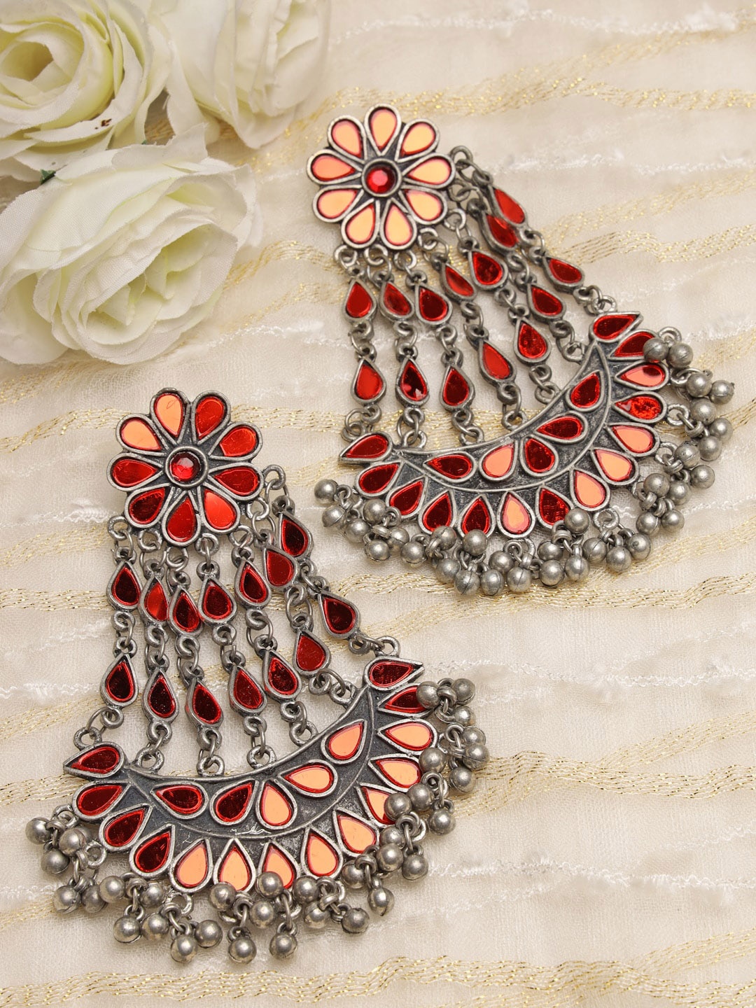 

Moedbuille Silver Plated Floral Chandbalis Earrings, Red