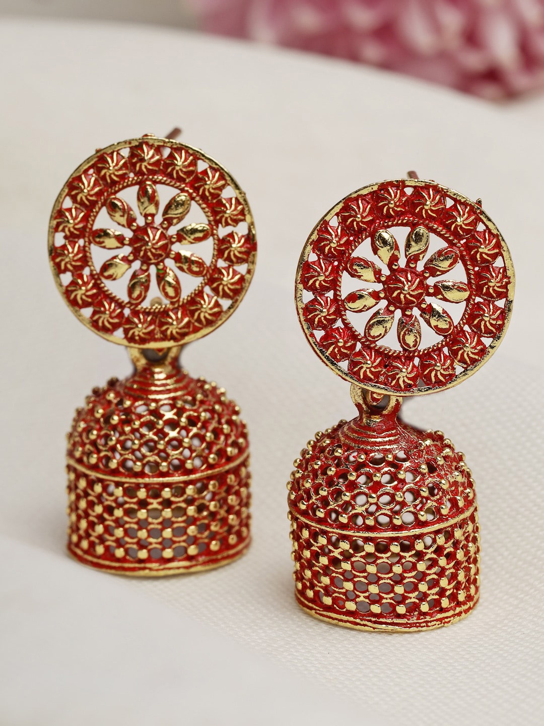 

Moedbuille Gold Plated Dome Shaped Jhumkas, Red