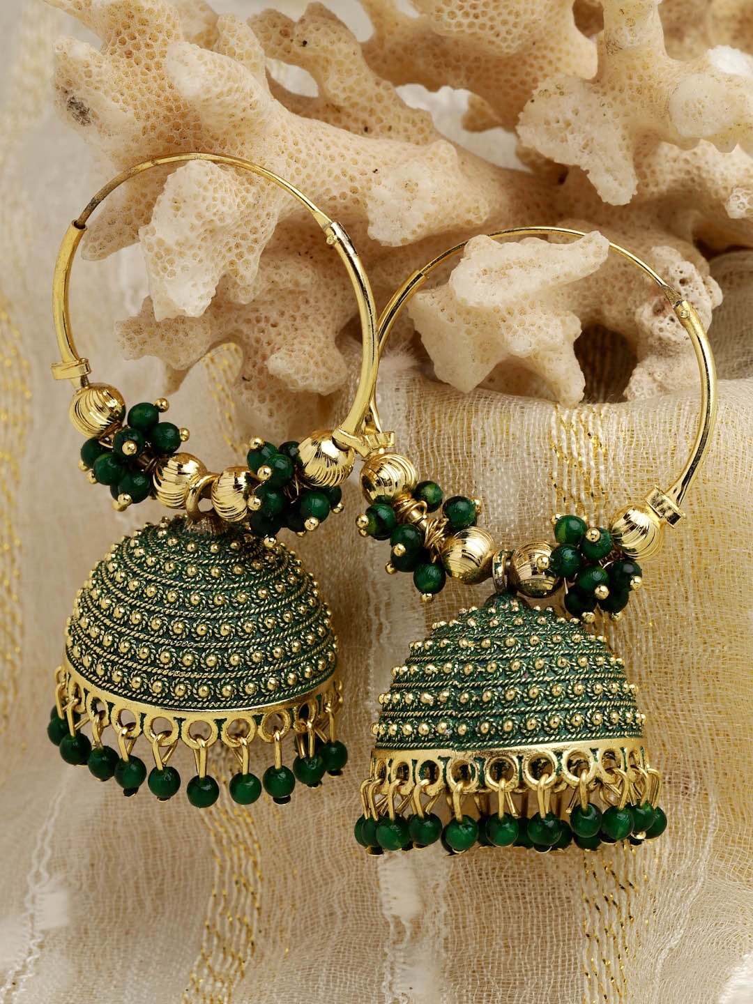 

Moedbuille Gold-Plated Meenakari Dome Shaped Jhumkas, Green