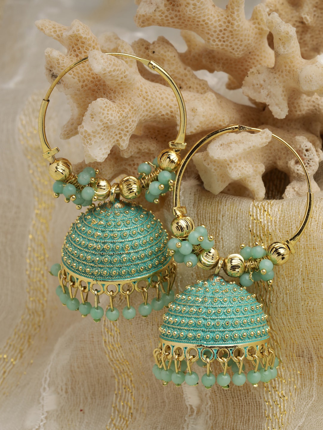 

Moedbuille Gold-Plated Beaded Dome Shaped Hoop Earrings, Sea green