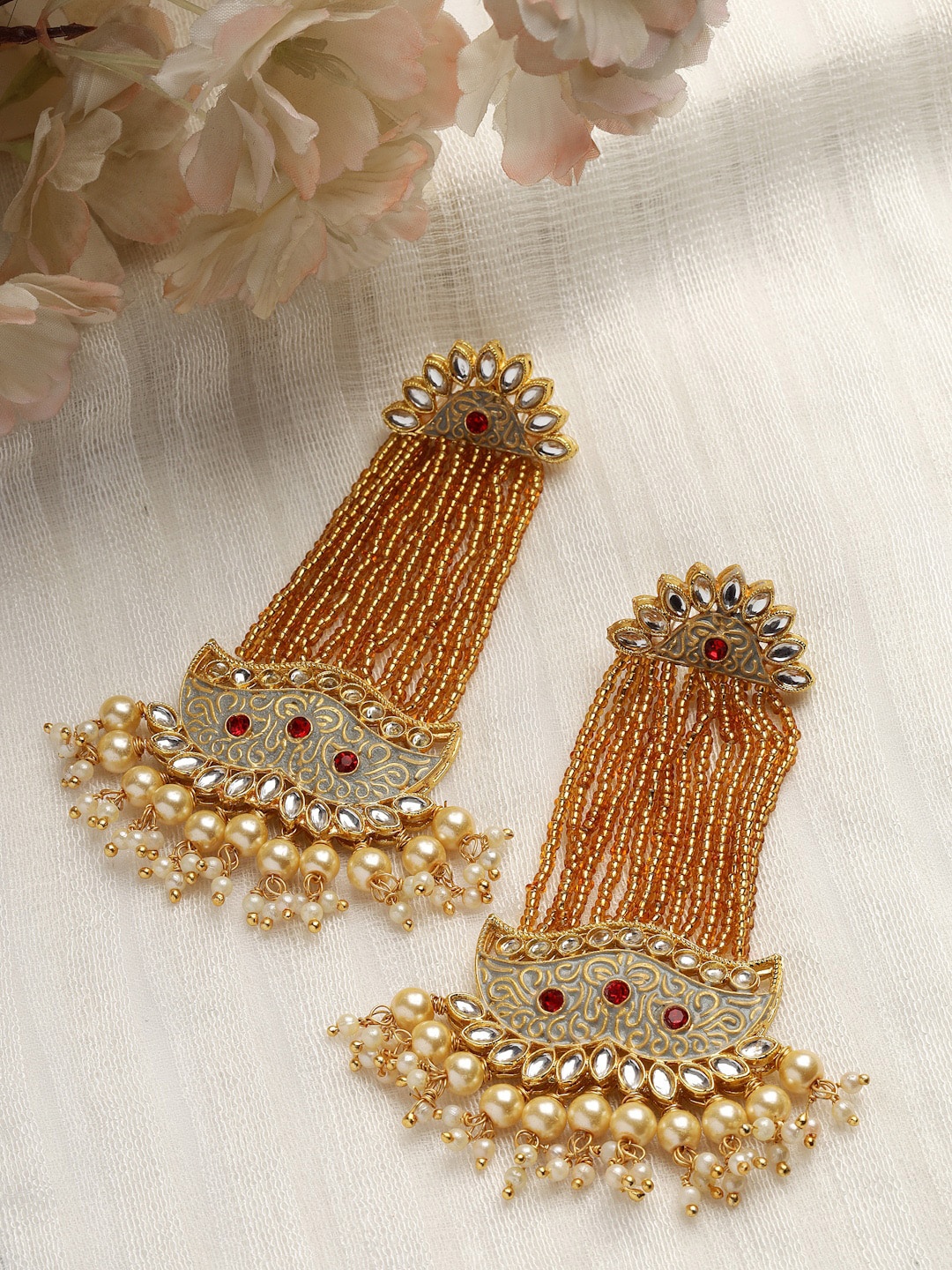 

Moedbuille Gold-Plated Kundan & Pearls Studded Drop Earrings, Grey