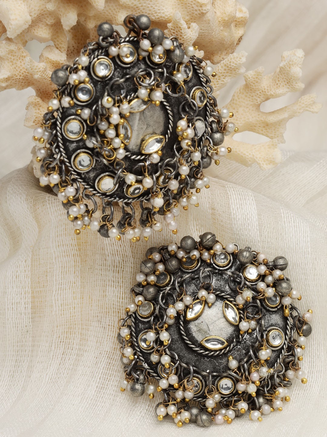 

Moedbuille Silver-Plated Oxidised Circular Drop Earrings, Metallic