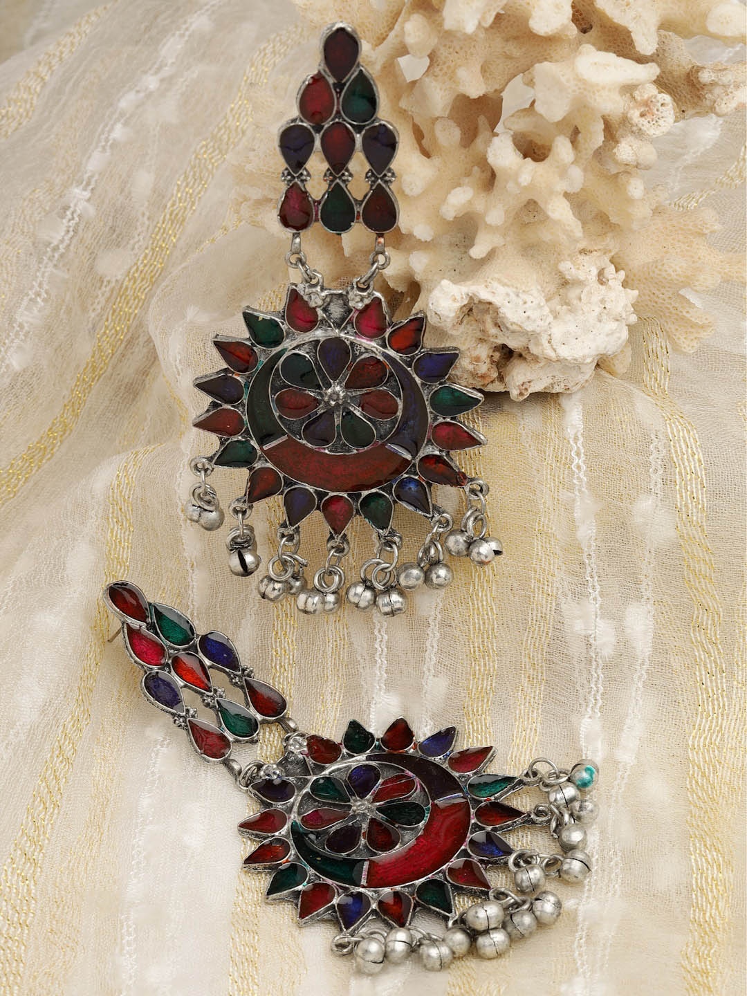 

Moedbuille Silver-Plated Crescent Shaped Chandbalis Earrings, Maroon