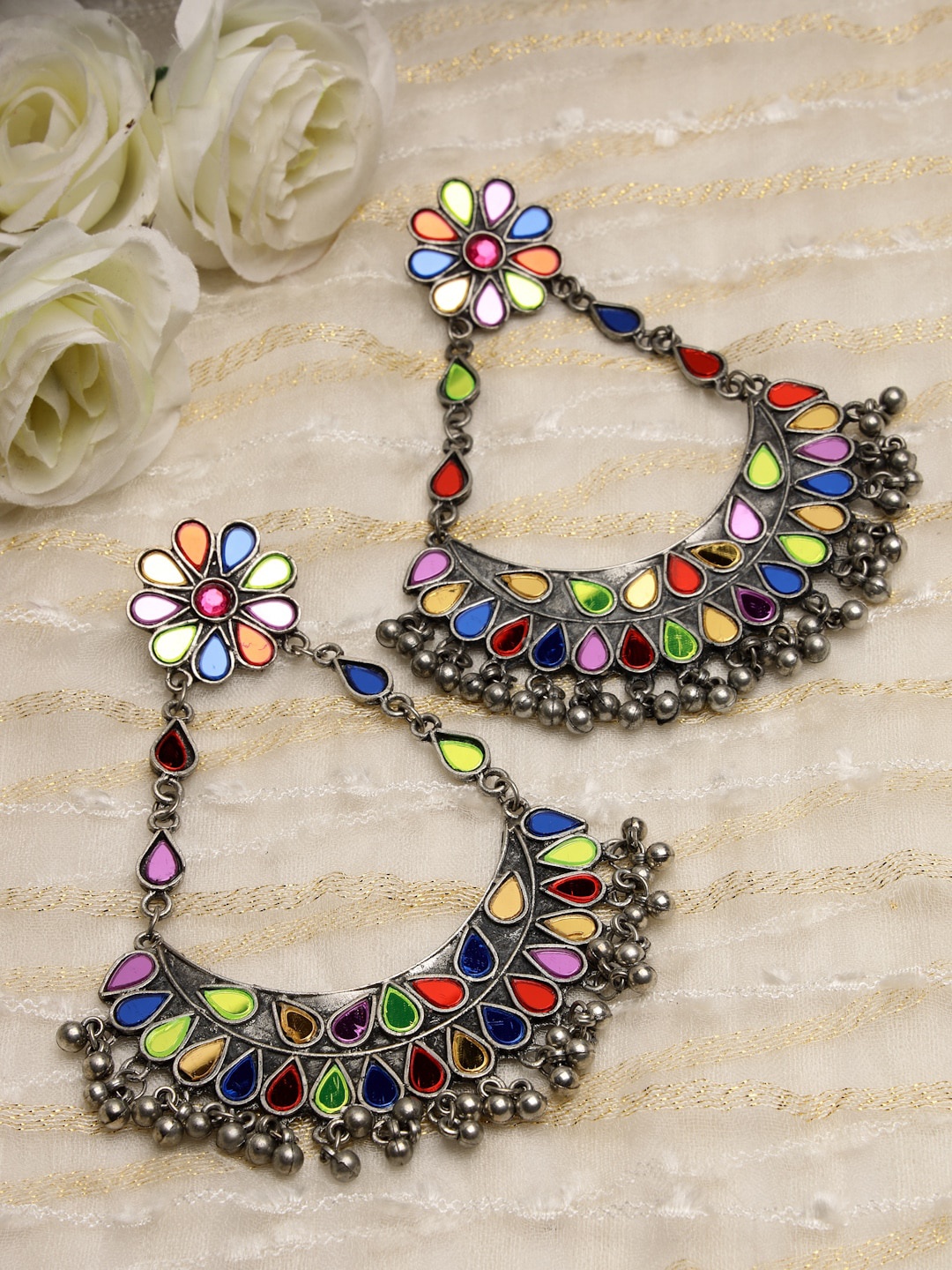 

Moedbuille Silver-Plated Crystals Floral Chandbalis Earrings, Red