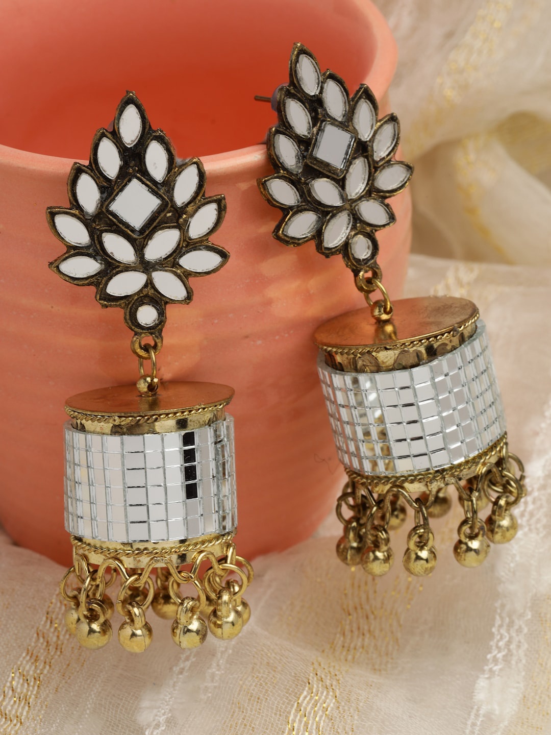 

Moedbuille Gold-Plated Mirror Work Oxidised Dome Shaped Jhumkas Earrings, White