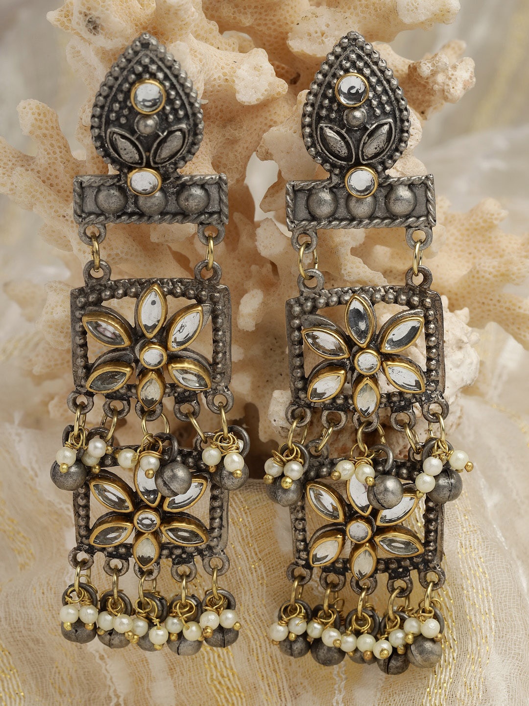 

Moedbuille Silver-Plated Kundan Floral Drop Earrings, White
