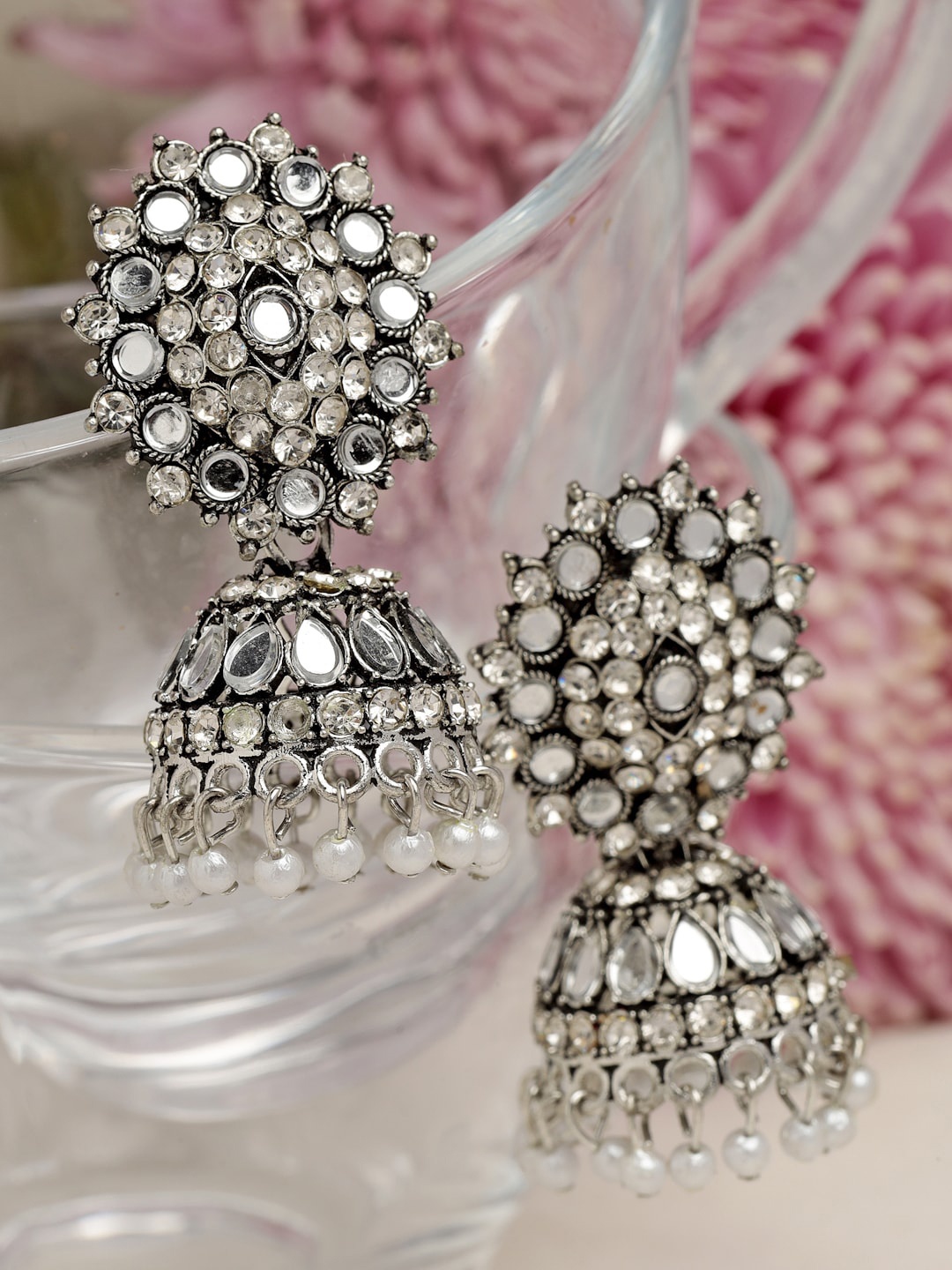 

Moedbuille Silver-Plated Dome Shaped Jhumkas Earrings, White