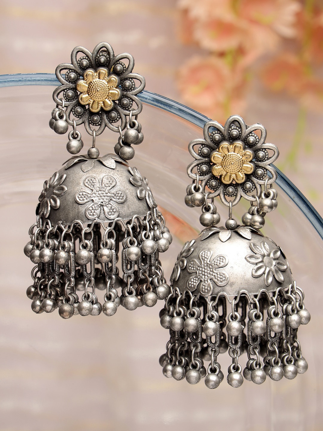 

Moedbuille Silver-Plated Dome Shaped Jhumkas Earrings, Metallic