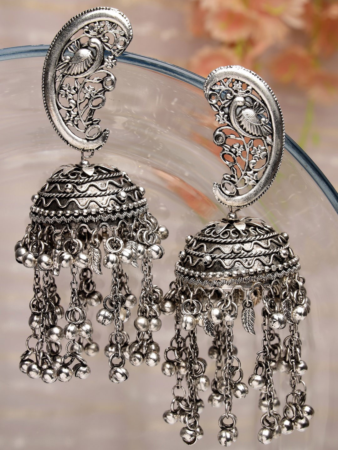 

Moedbuille Silver-Plated Peacock Shaped Ghungroo Studded Jhumkas