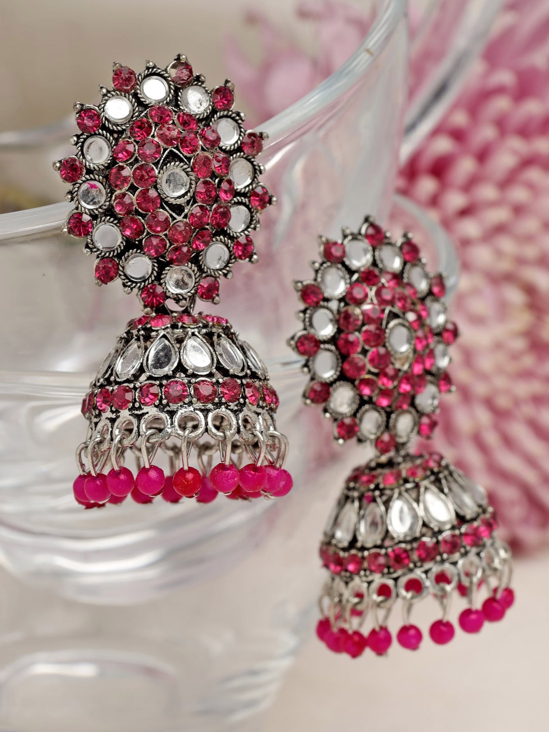 

Moedbuille Silver-Plated Dome Shaped Oxidised Jhumkas Earrings, Pink