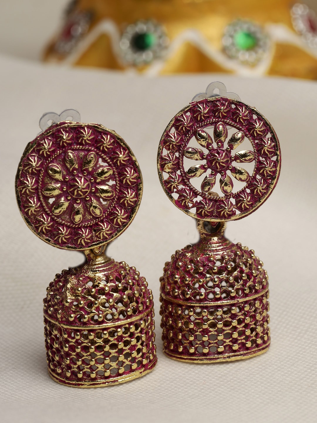 

Moedbuille Gold-Plated Dome Shaped Jhumkas Earrings, Pink