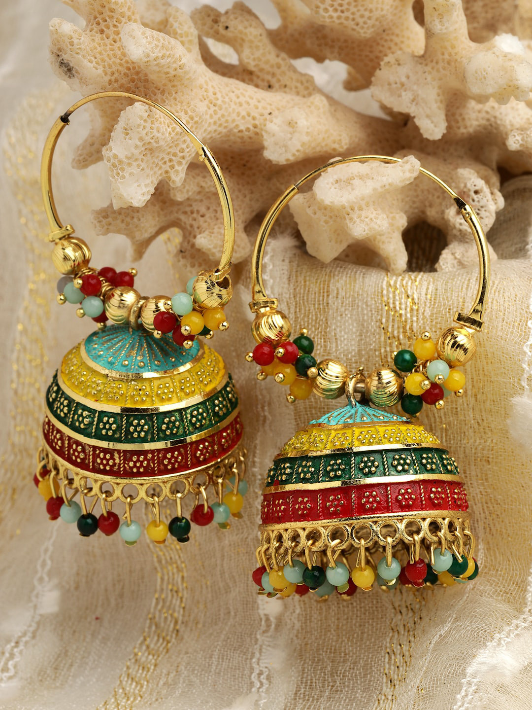 

Moedbuille Gold-Plated Dome Shaped Jhumkas Earrings, Red