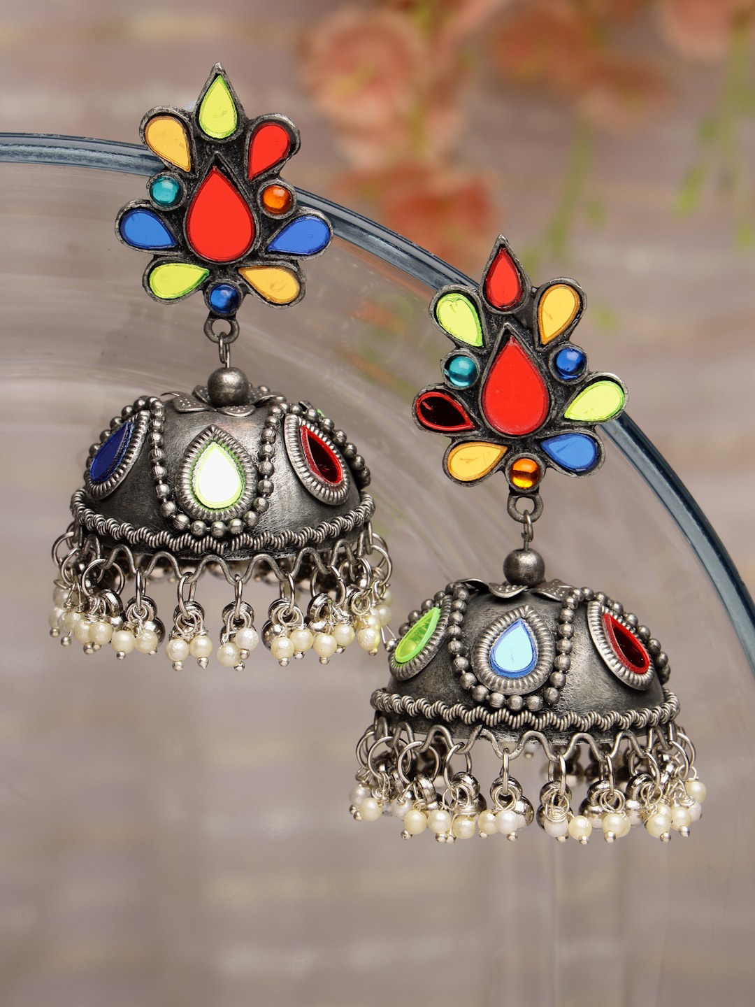 

Moedbuille Silver-Plated Dome Shaped Jhumkas Earrings, Red