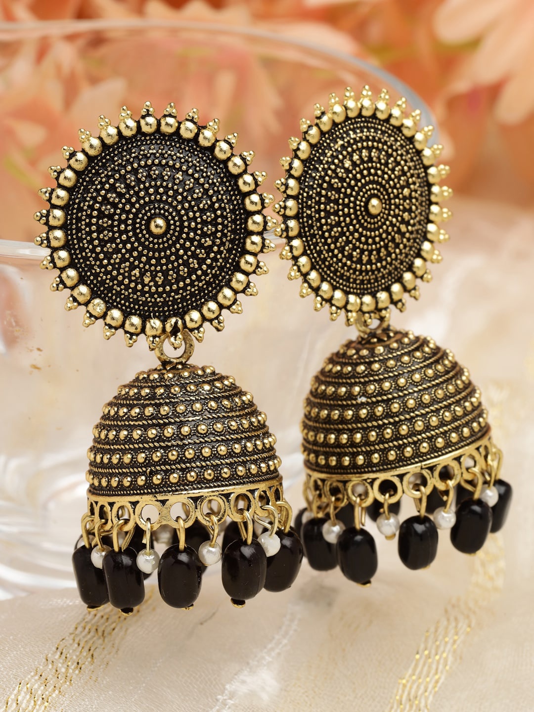

Moedbuille Gold-Plated Dome Shaped Oxidised Antique Stone Beaded Jhumkas Earrings, Black
