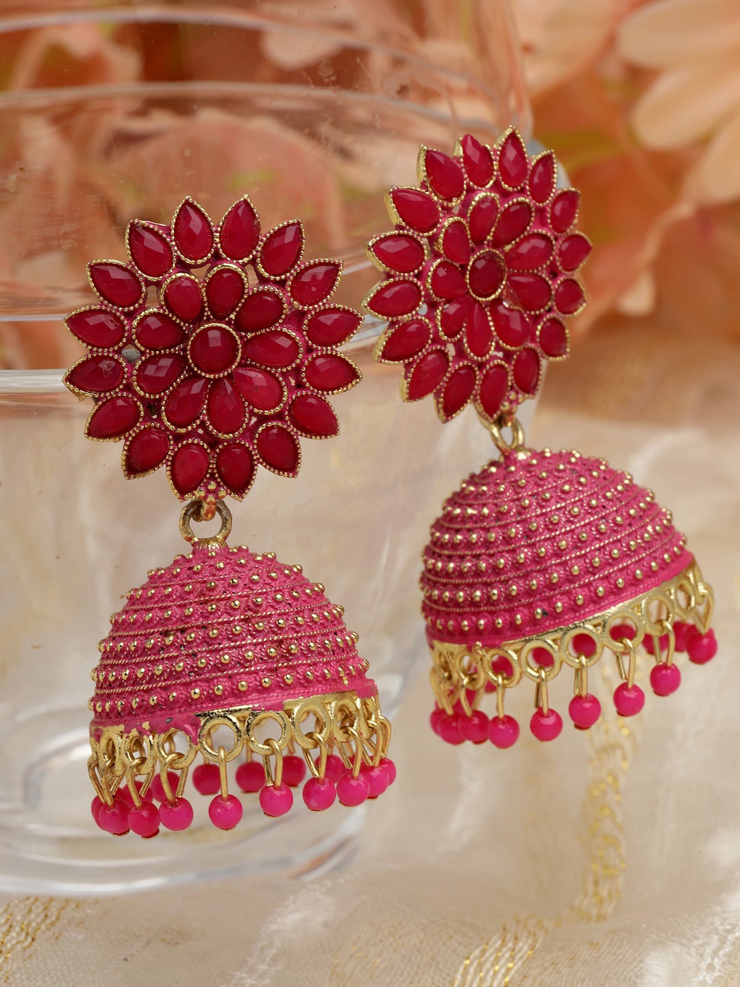 

Moedbuille Floral Gold-Plated Jhumkas Earrings, Pink