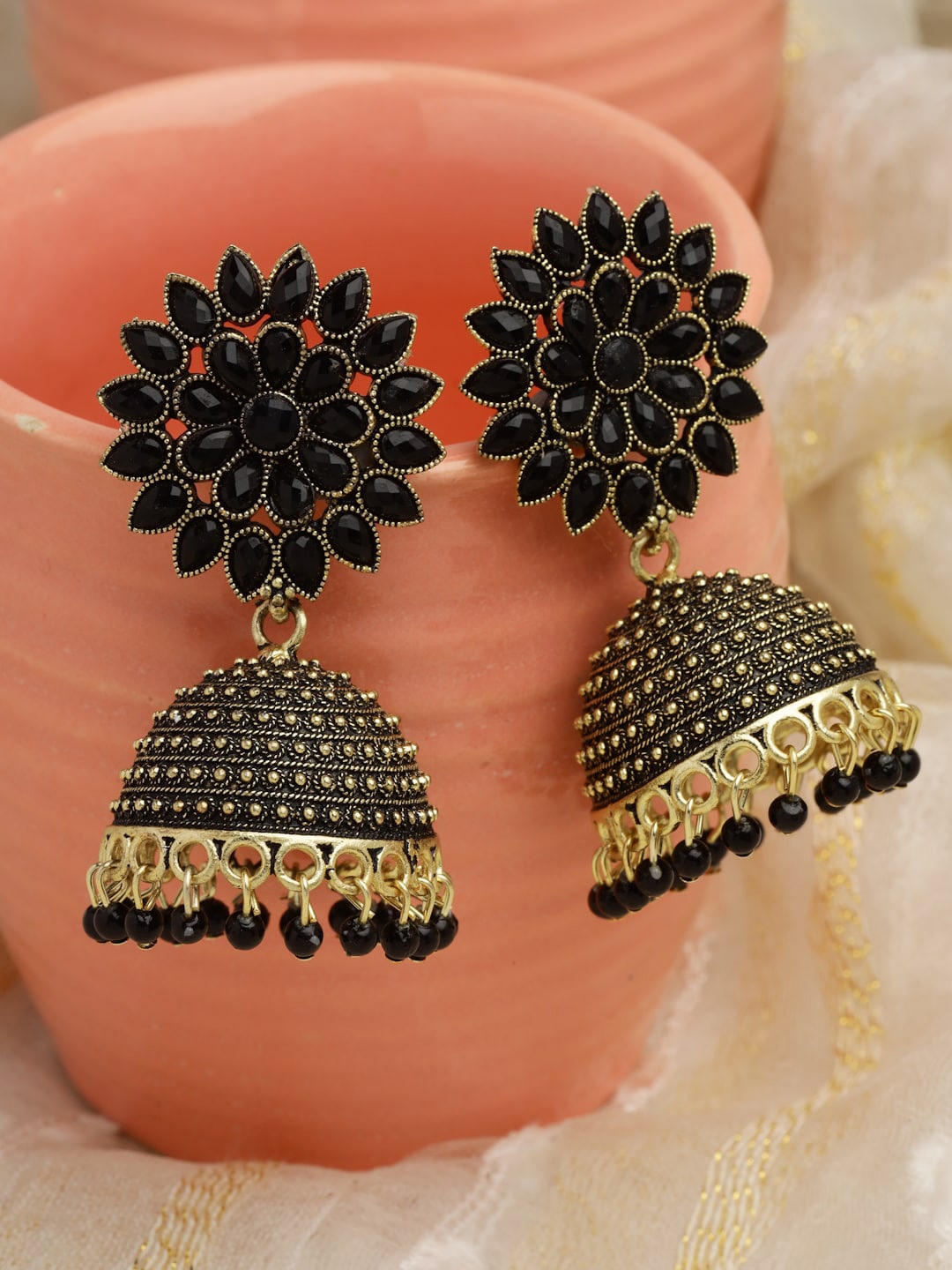 

Moedbuille Gold-Plated Crystals Studded & Beaded Floral Jhumkas Earrings, Black