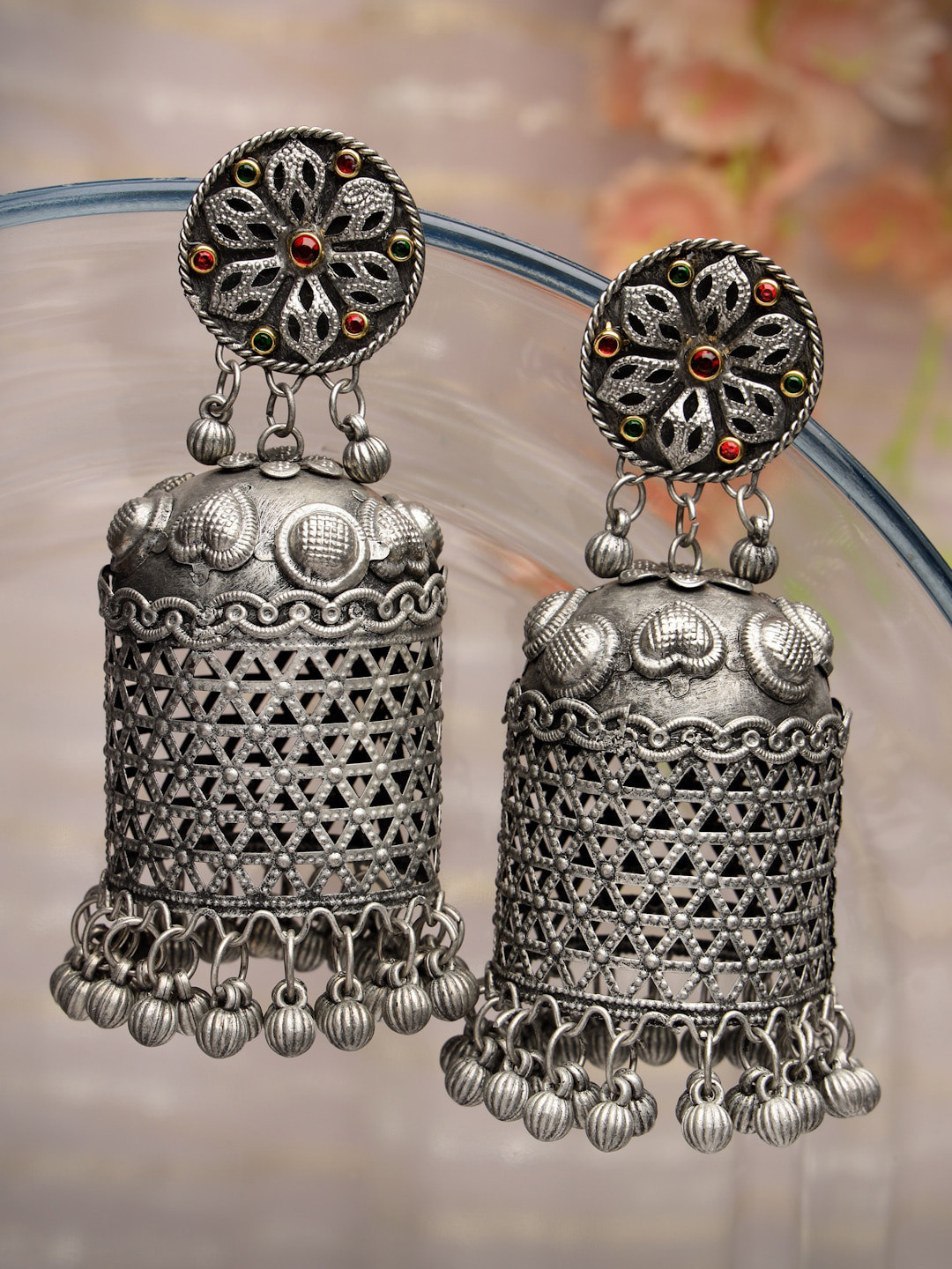 

Moedbuille Silver-Plated Dome Shaped Jhumkas Earrings, Metallic