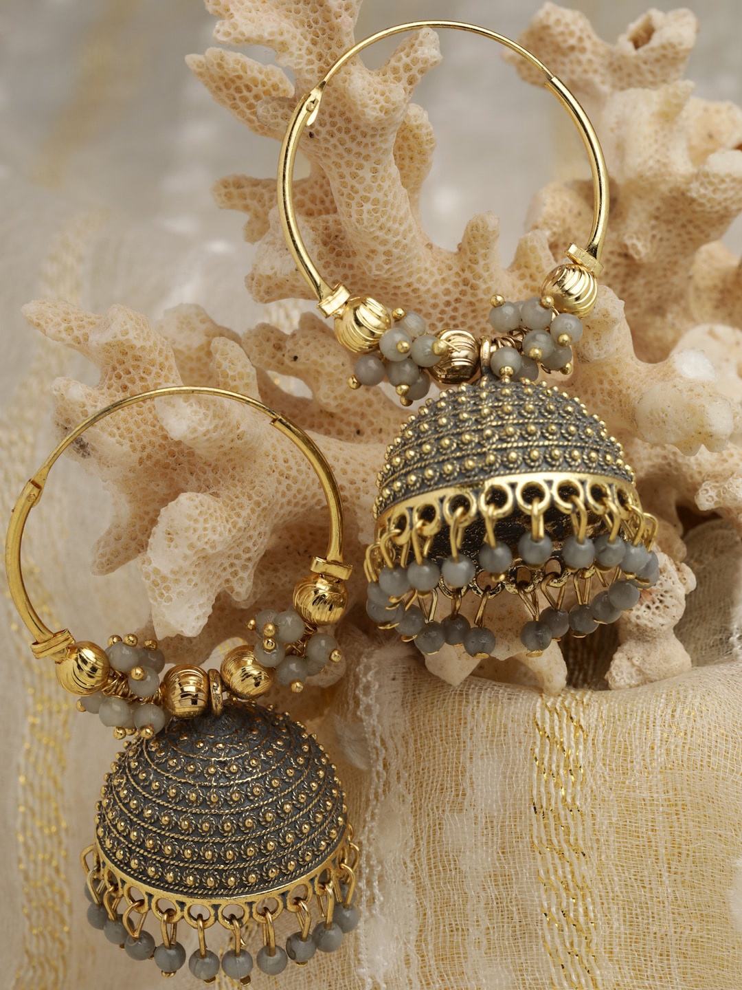 

Moedbuille Gold-Plated Dome Shaped Jhumkas Earrings, Grey