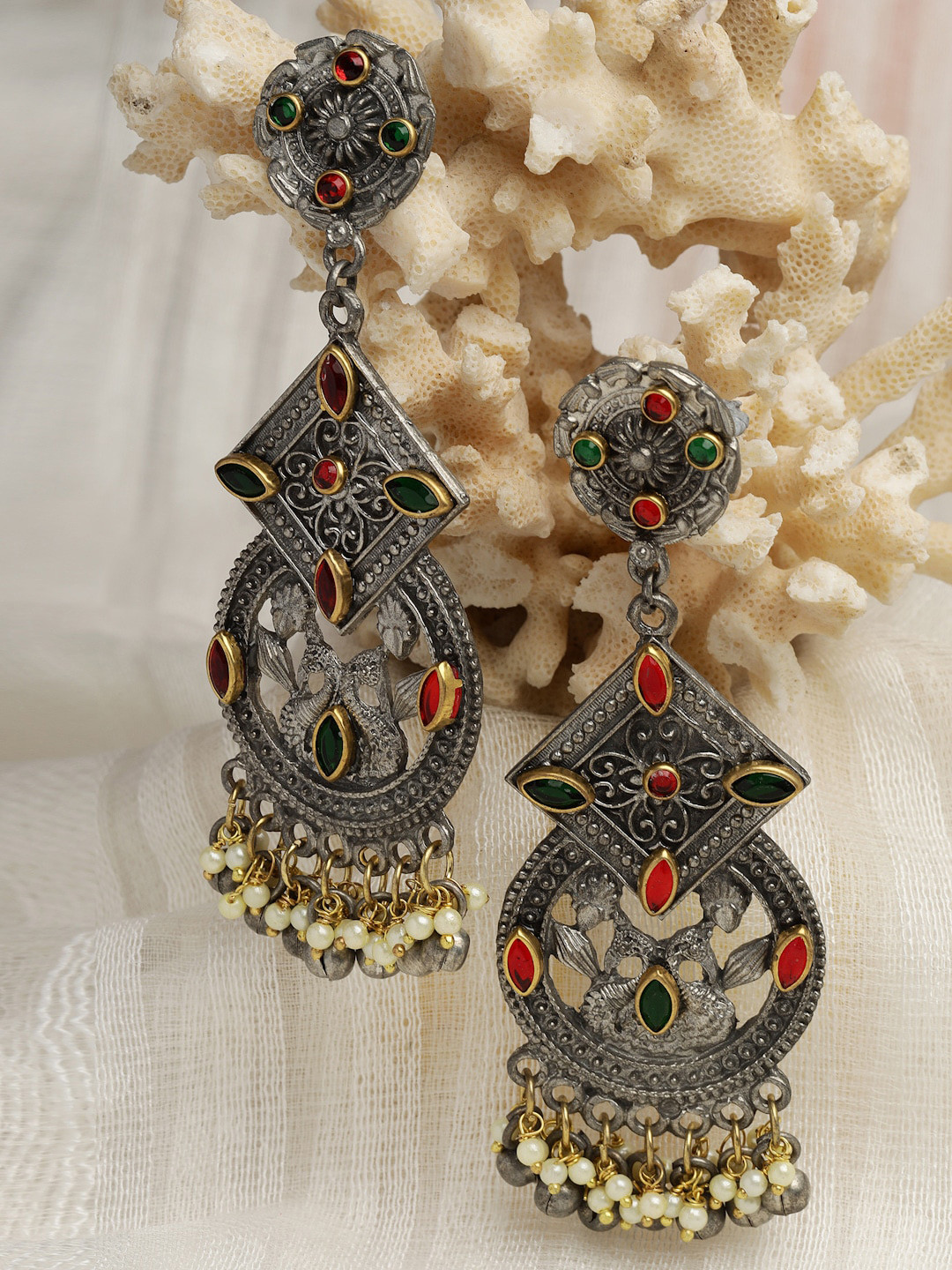 

Moedbuille Silver-Plated Crescent Shaped Drop Earrings, Red