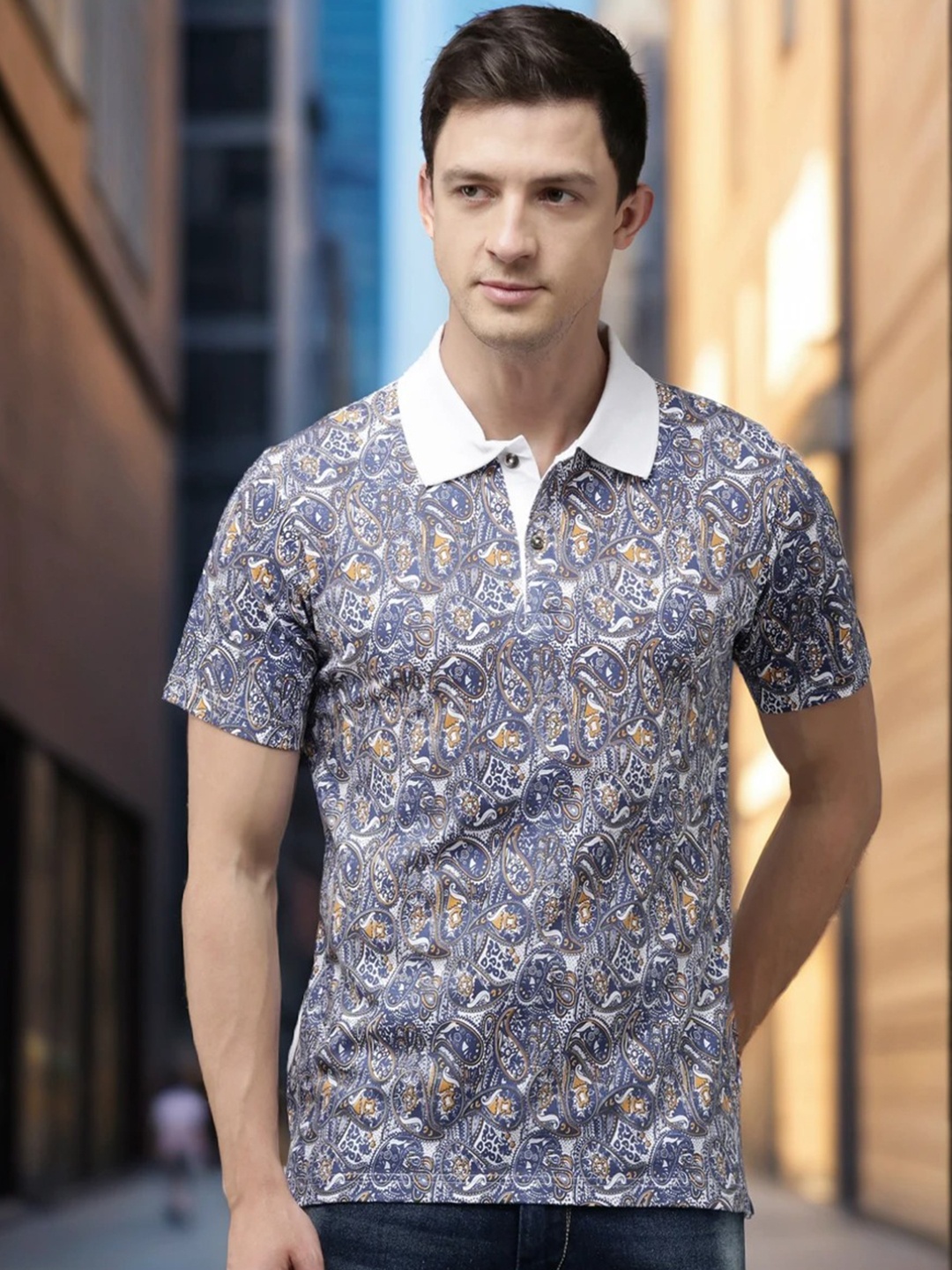 

Kryptic Paisley Printed Polo Collar Pure Cotton T-shirt, White