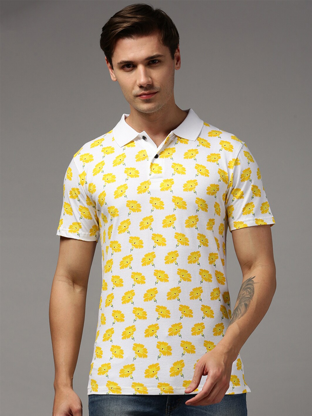 

Kryptic Floral Printed Polo Collar Pure Cotton T-shirt, White