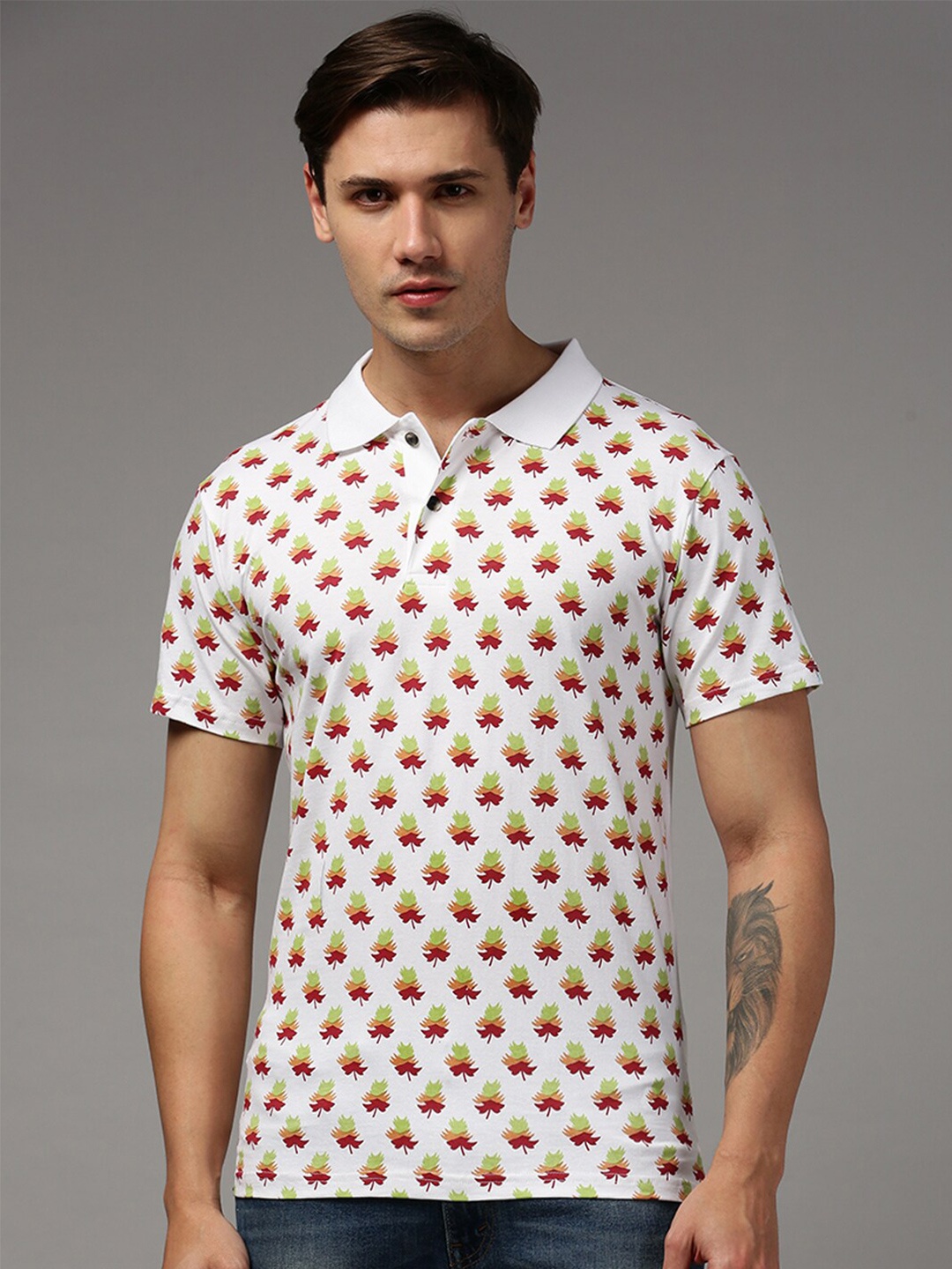 

Kryptic Floral Printed Polo Collar Pure Cotton T-shirt, White