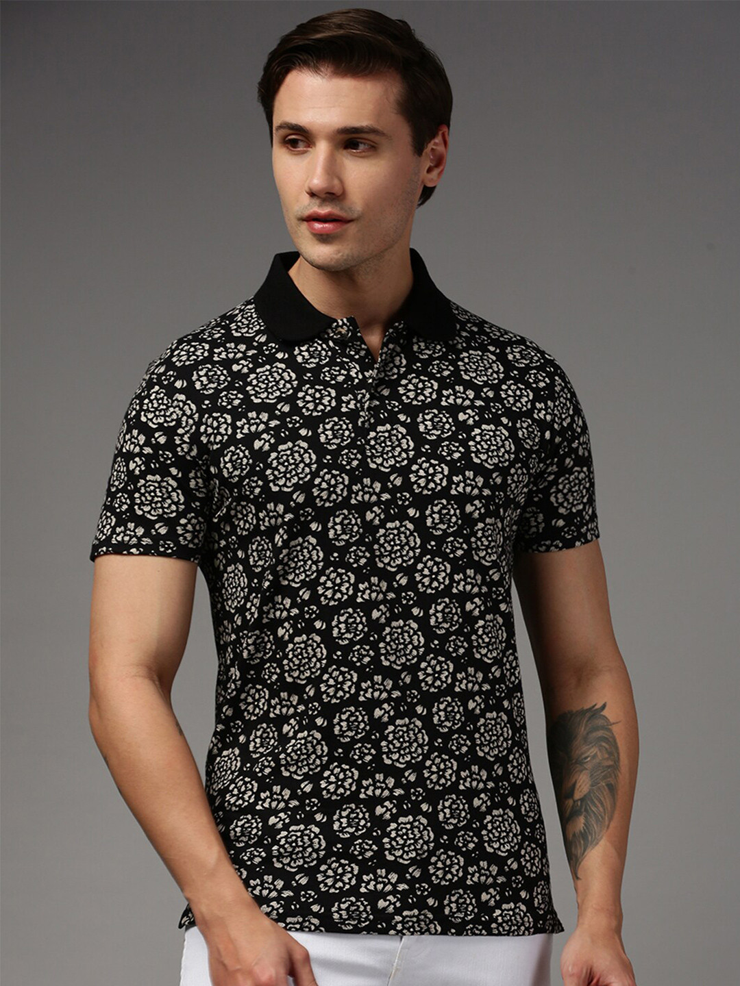

Kryptic Men Pure Cotton Printed Short Sleeve Polo T-shirt, Black