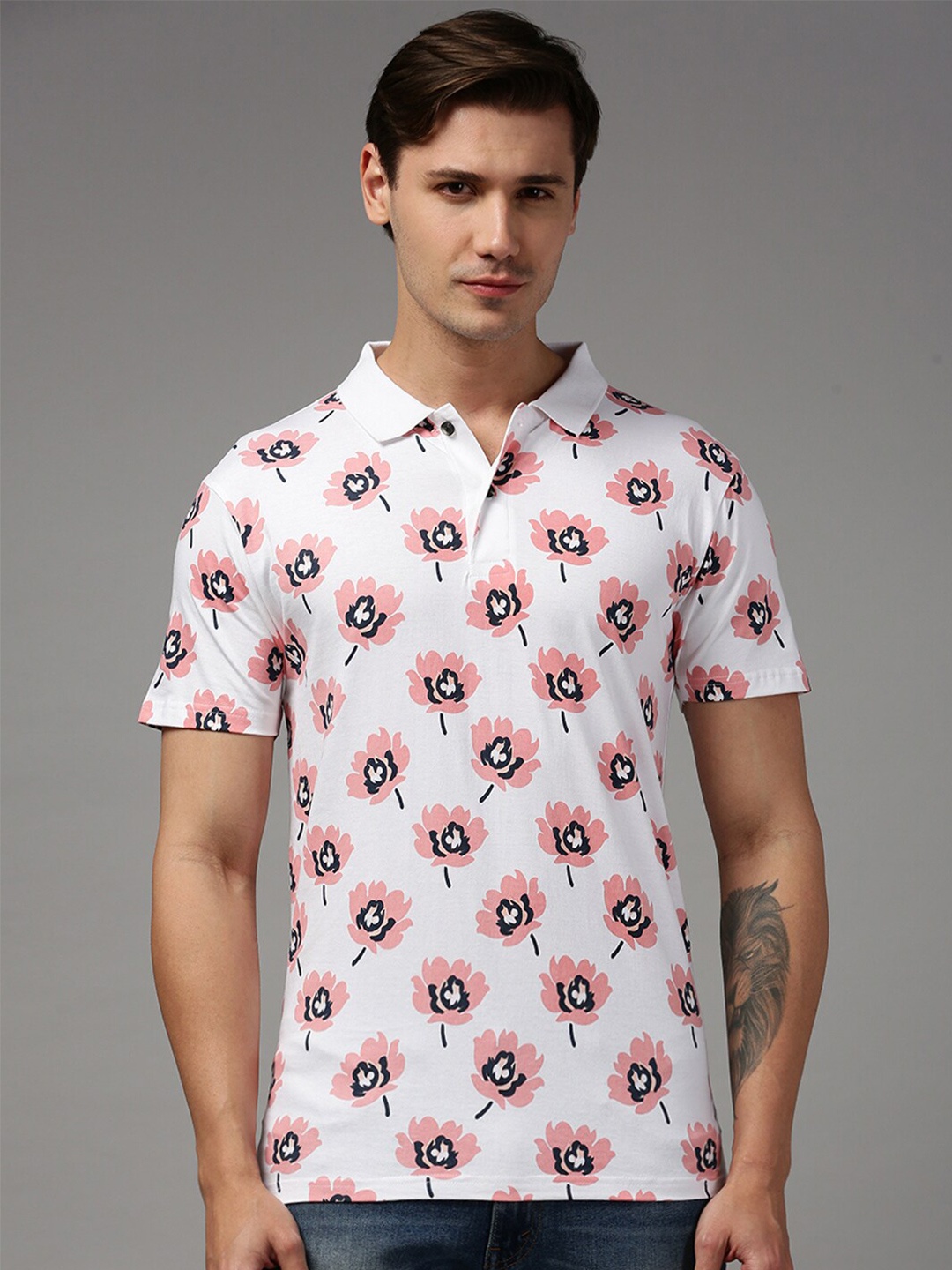 

Kryptic Floral Printed Polo Collar Pure Cotton T-shirt, White