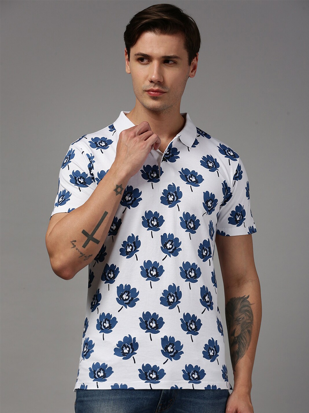 

Kryptic Floral Printed Polo Collar Pure Cotton T-shirt, White