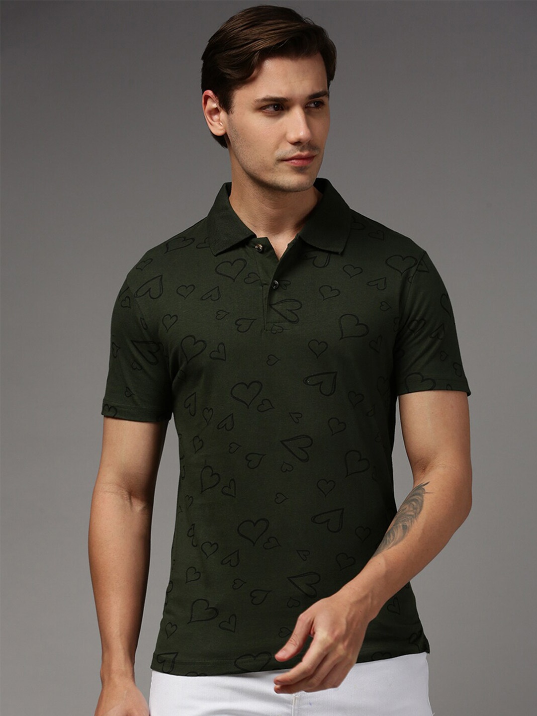 

Kryptic Conversational Printed Polo Collar Pure Cotton T-shirt, Olive
