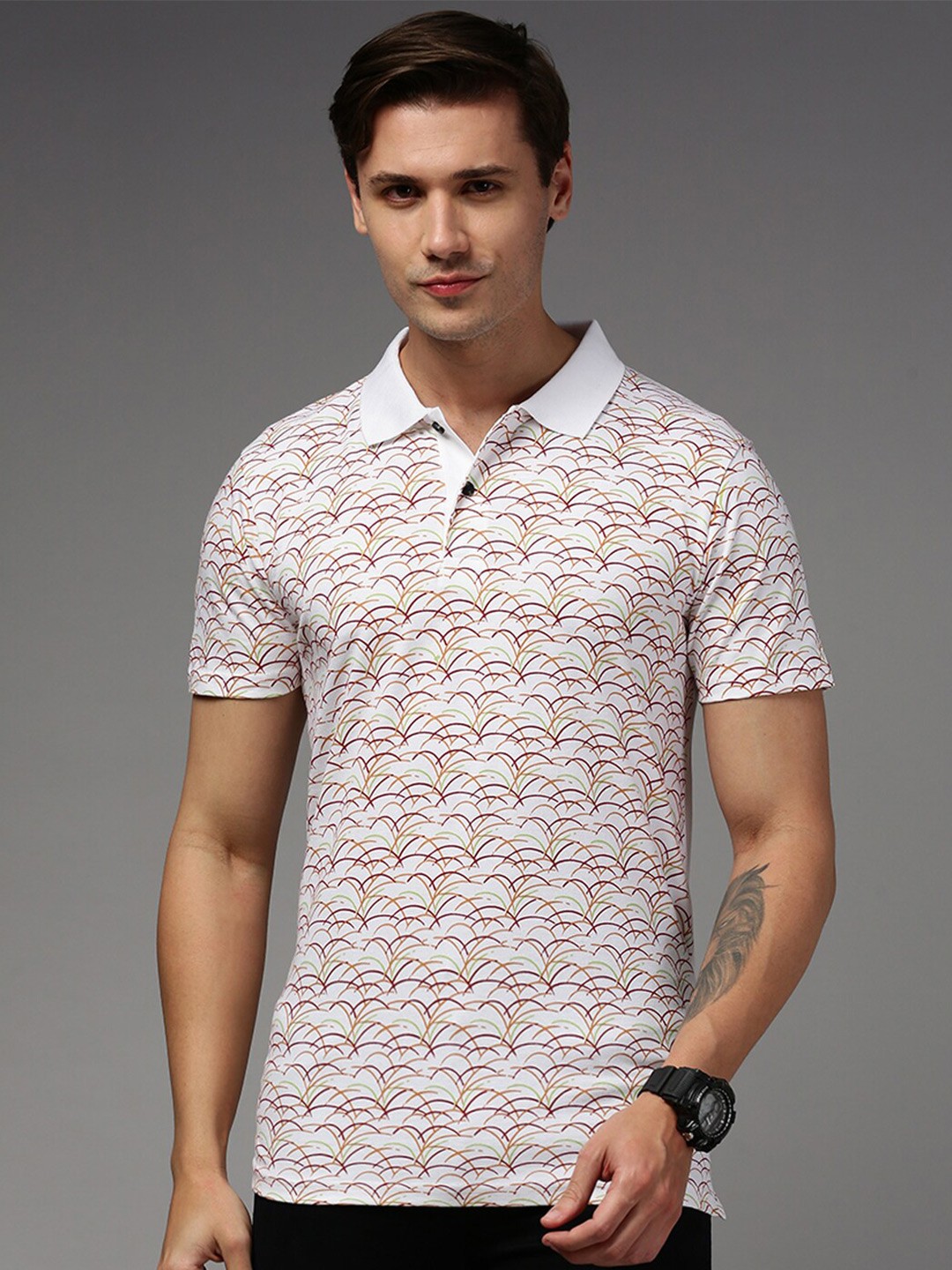 

Kryptic Abstract Printed Polo Collar Pure Cotton T-shirt, White