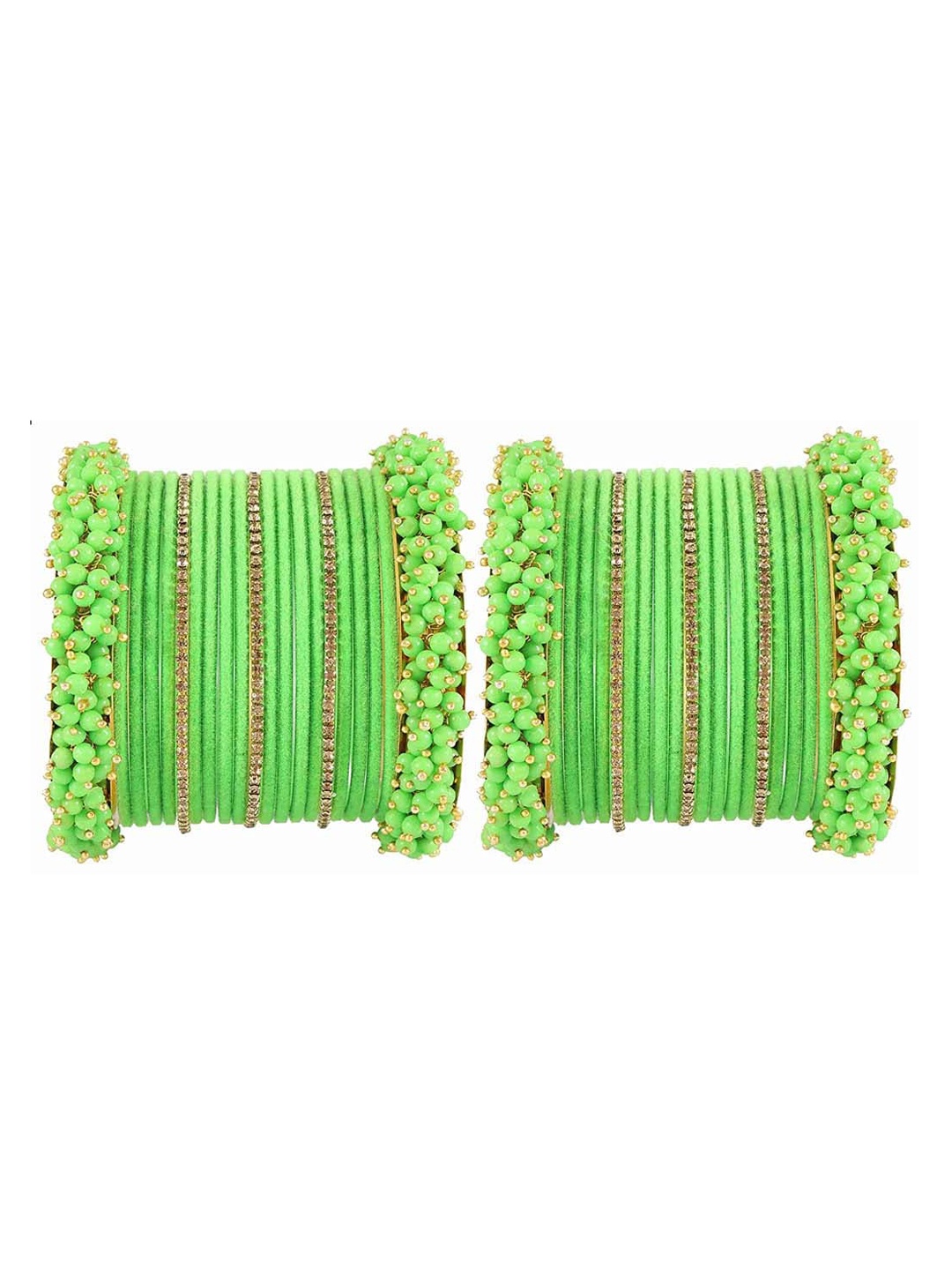 

NMII Set Of 42 Zircon Gemstone Studded Velvet Antique Bangles, Lime green