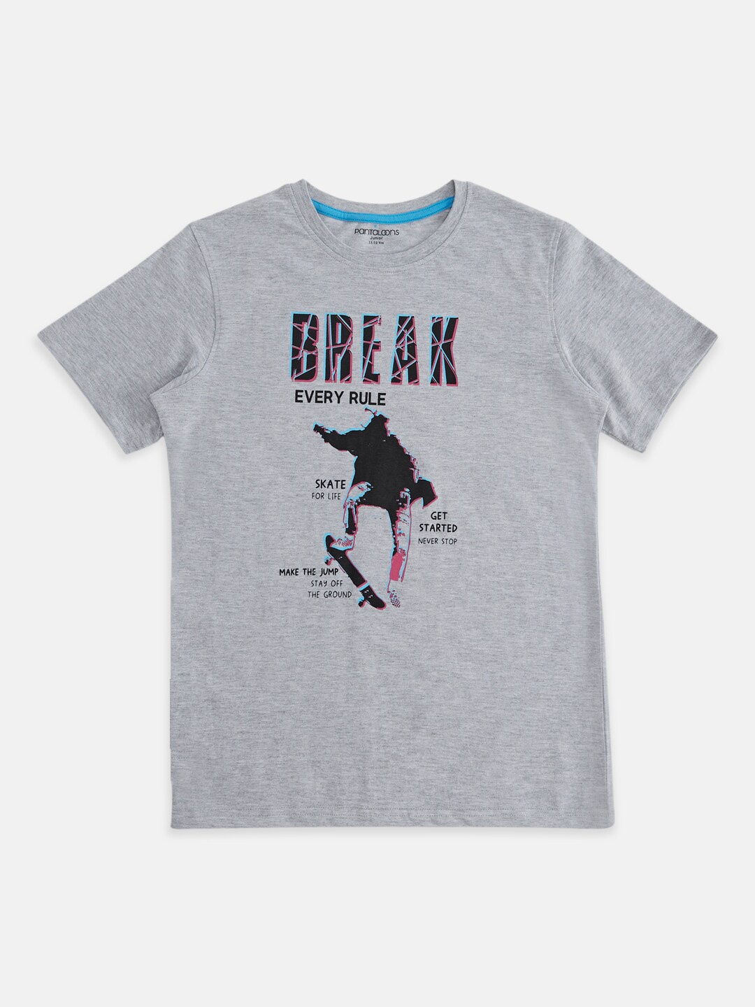 Pantaloons Junior Boys Typography Printed Cotton T-shirt, Grey melange