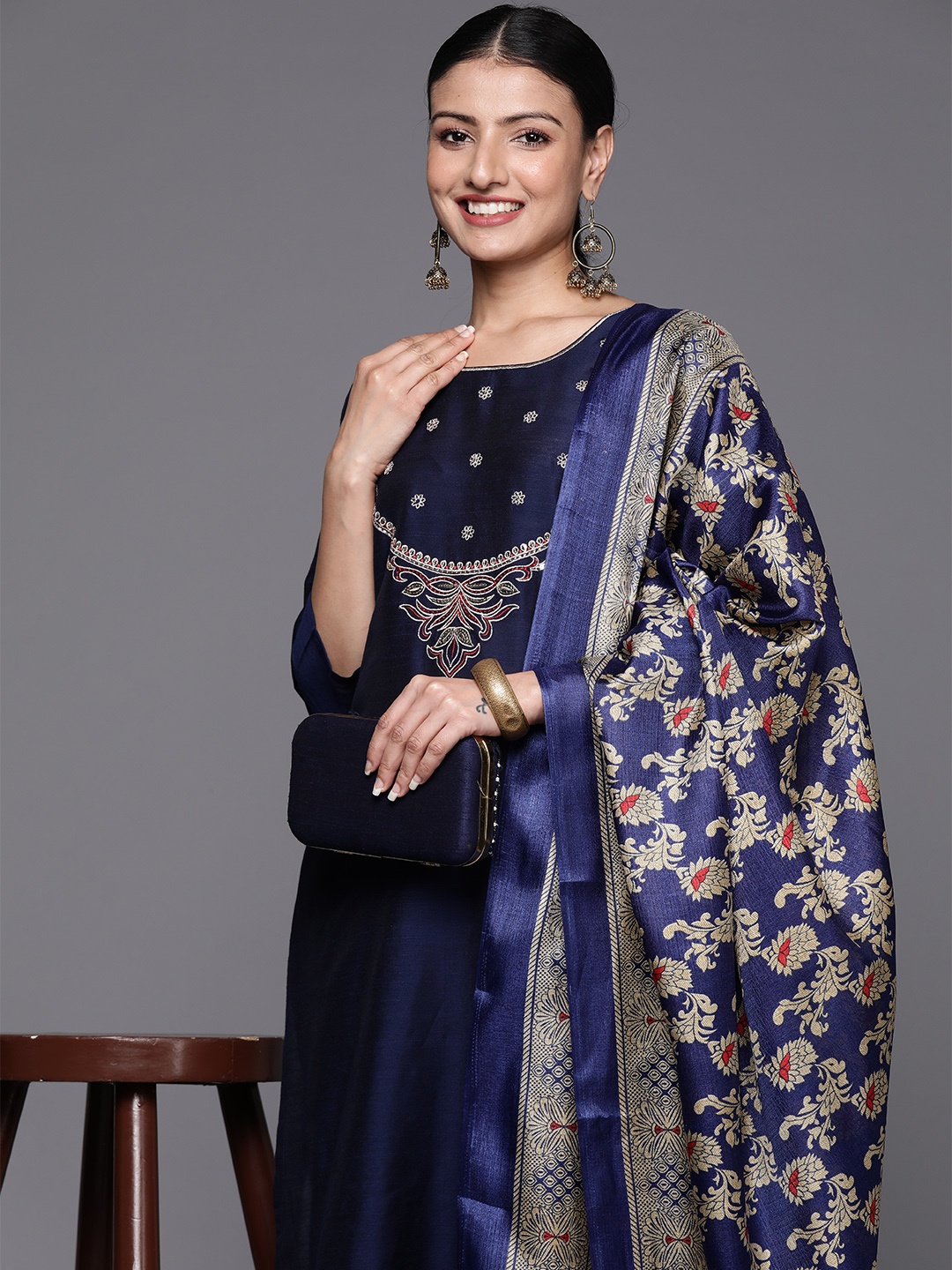 

Varanga Women Embroidered Sequinned Silk Kurta with Trousers & Dupatta, Blue