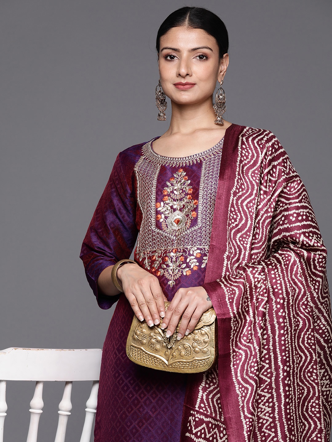 

Varanga Floral Embroidered Gotta Patti Kurta with Trousers & With Dupatta, Purple