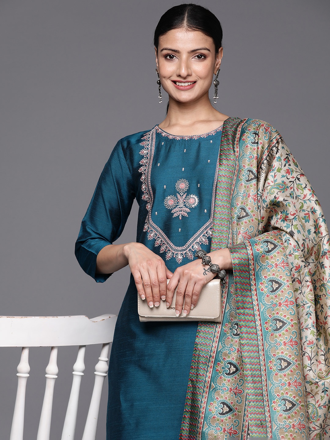 

Varanga Ethnic Motifs Embroidered Sequinned Kurta with Trousers & With Dupatta, Teal