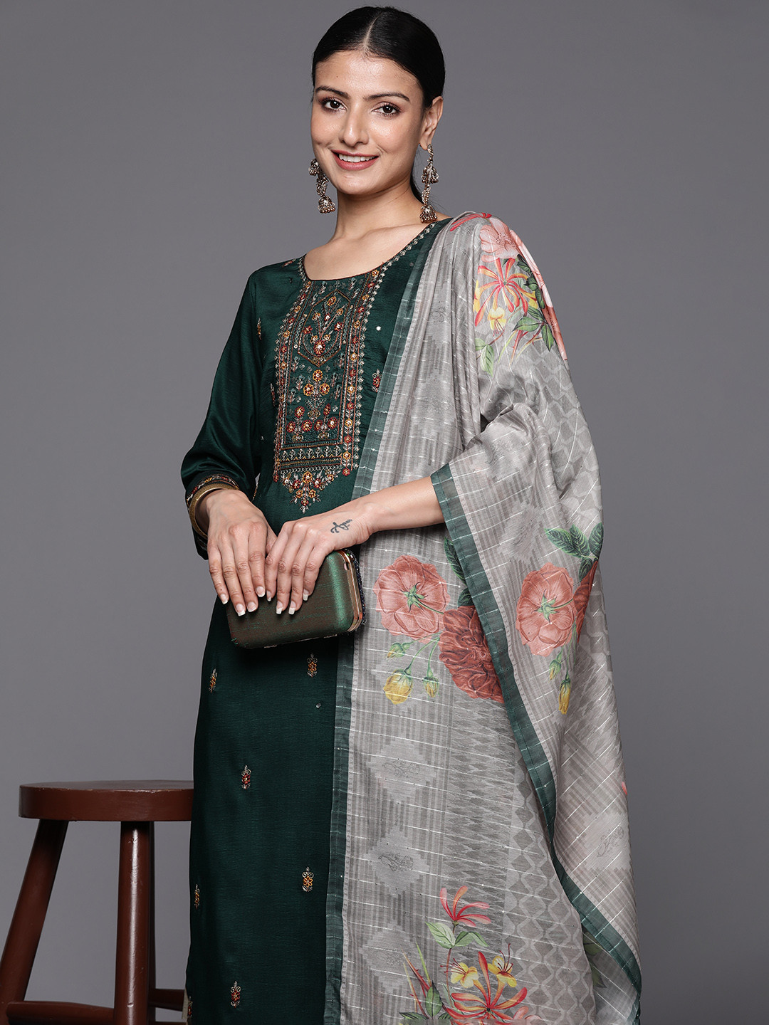 

Varanga Floral Yoke Design Thread Work Kurta with Sharara & With Dupatta, Green