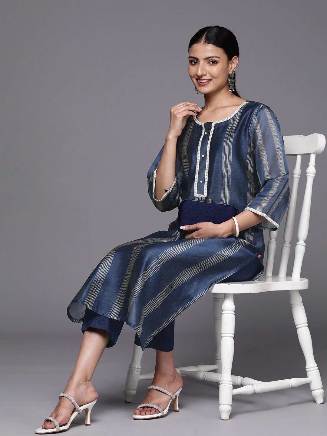 

Varanga Women Navy Blue Printed Sequinned Chanderi Silk Kurta with Trousers