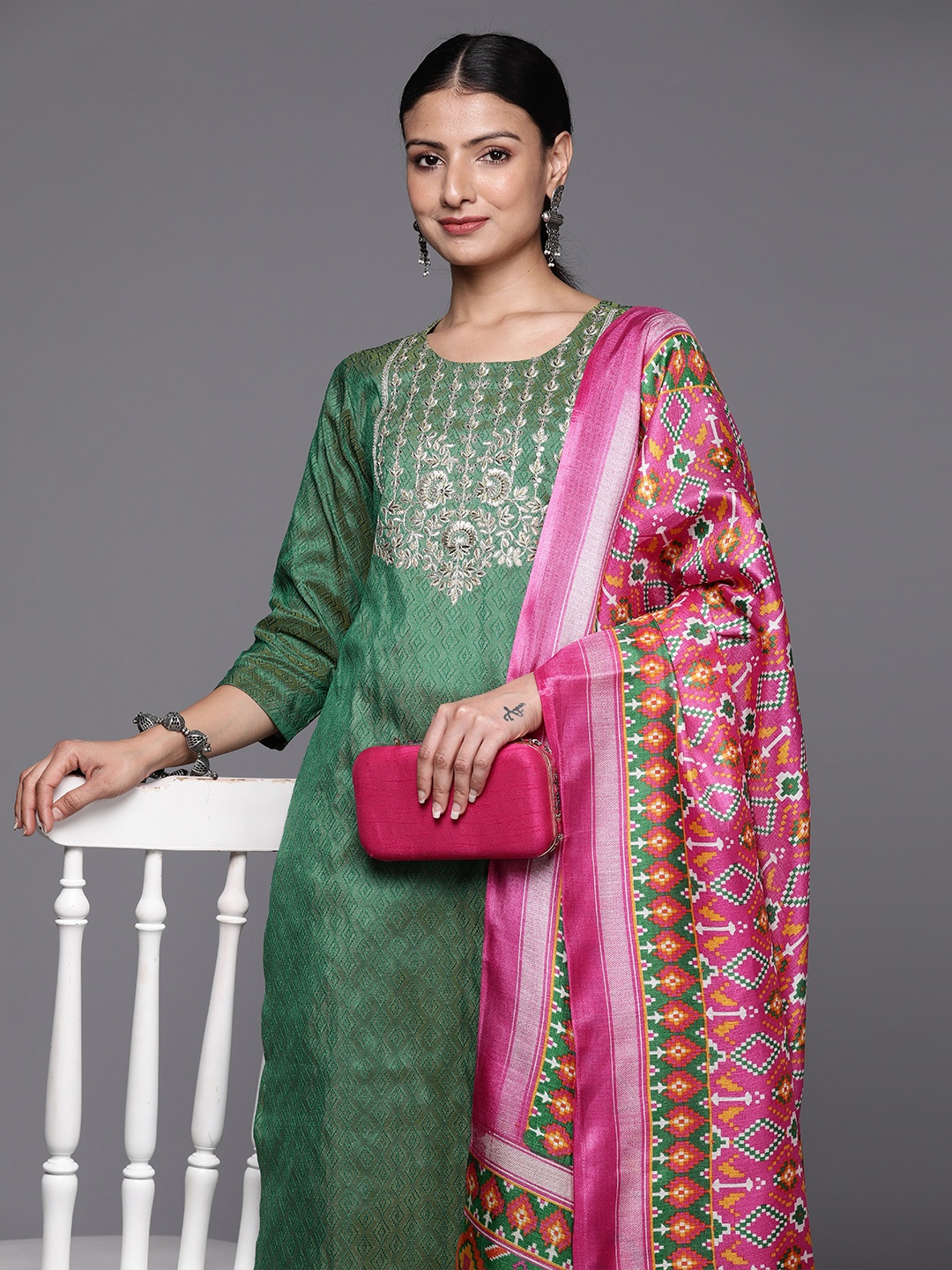 Varanga Women Ethnic Motifs Embroidered Kurta with Trousers & With Dupatta, Green
