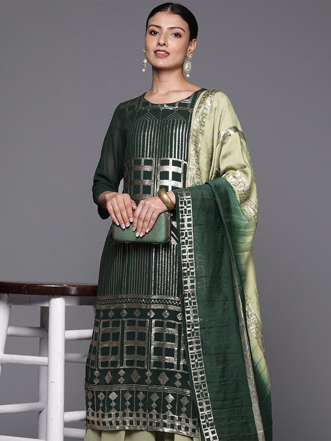 

Varanga Women Silk Georgette Kurta with Sharara & With Dupatta, Green