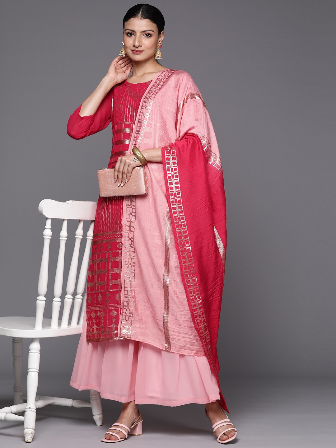 

Varanga Women Embroidered Sequinned Silk Georgette Kurta with Sharara & With Dupatta, Pink