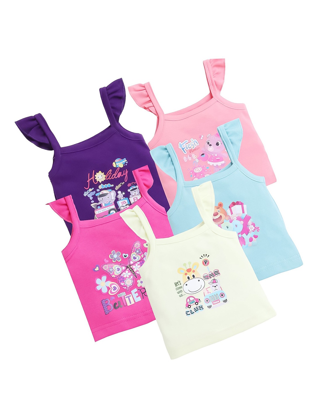 EIO Kids Pack Of 5 Humour And Comic Printed Square Neck Sleeveless Cotton T-shirt, Pink