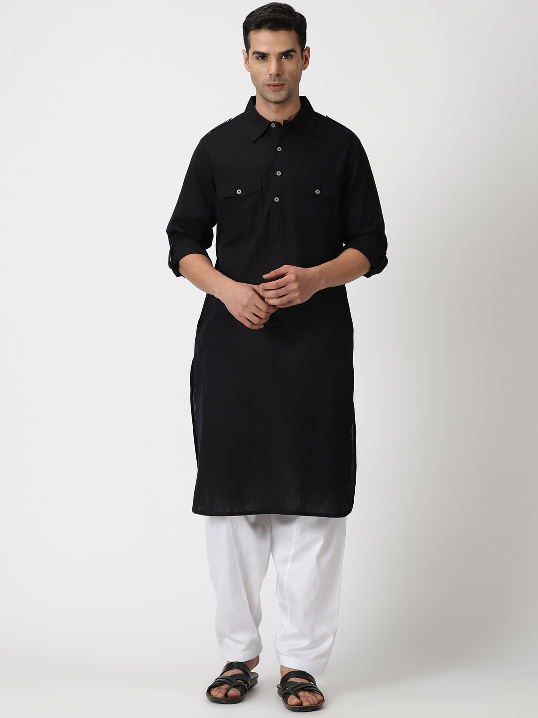 

Saffron Threads Shirts Collar Pathani Cotton Linen Kurta, Black