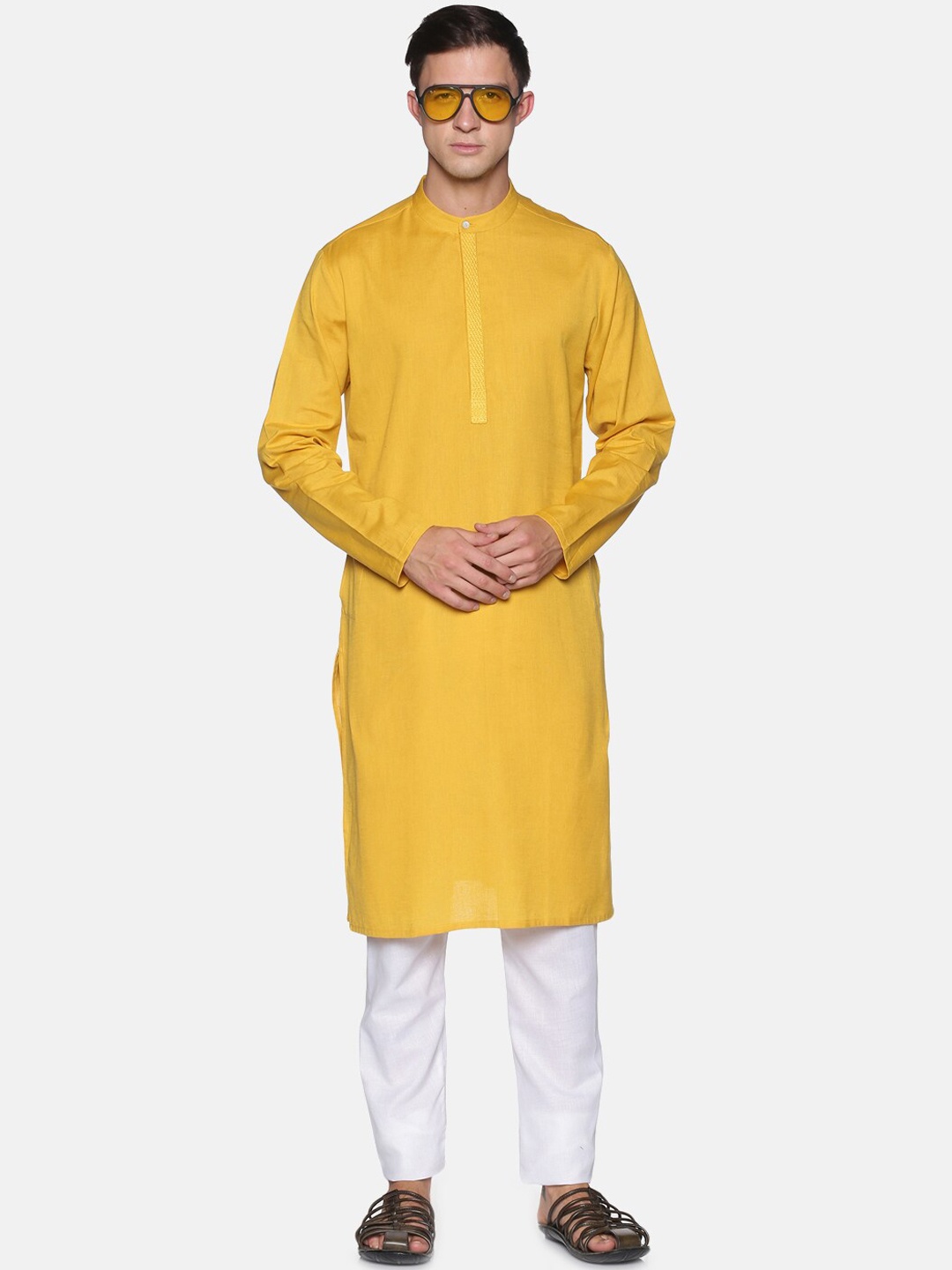 

Saffron Threads Mandarin Collar Flax Kurta, Mustard